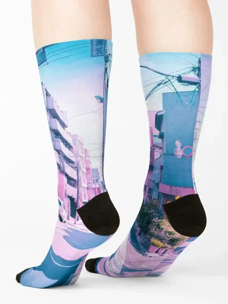 أنيمي في الحياة الحقيقية Vaporwave يوم الصيف في منطقة طوكيو السكنية الجوارب رجل كرة القدم الرجعية مصمم رجل الجوارب النسائية #4