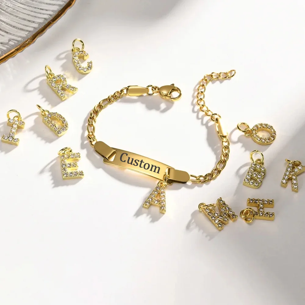 Akizoom Custom Name Zircon Letter Necklace Bracelet Stainless Steel Personalized Name Jewelry Set for Woman Kid Birthday Gift