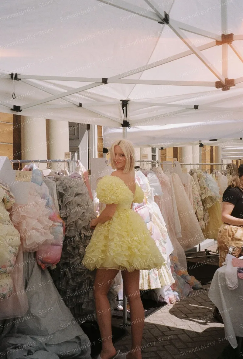 Abito in Tulle arruffato a maniche corte con collo quadrato abiti da festa in Chiffon giallo per bambini a strati mai bei vestiti estivi da donna