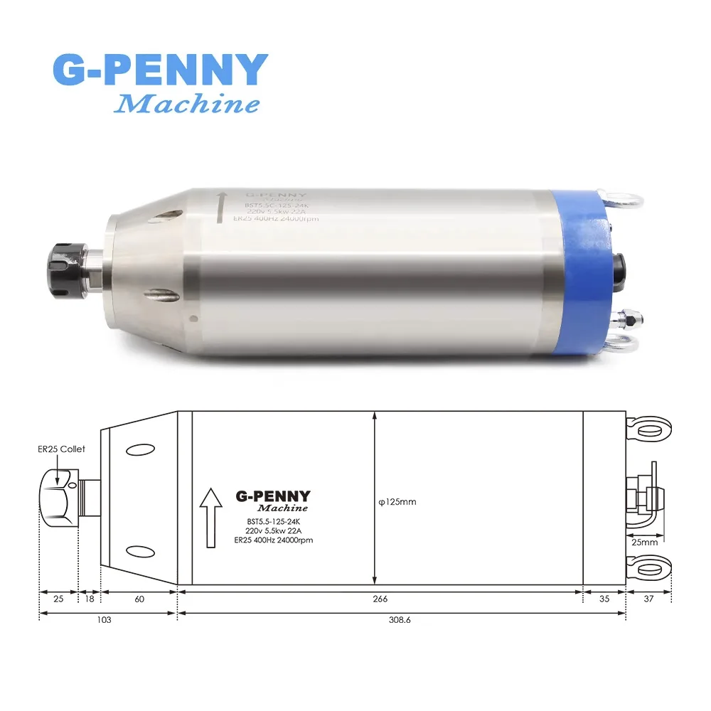 5.5 KW ER25 CNC Spindle motor Water Cooling for woodworking cnc Spindle water 380v / 220v AC 4pcs bearings High Speed