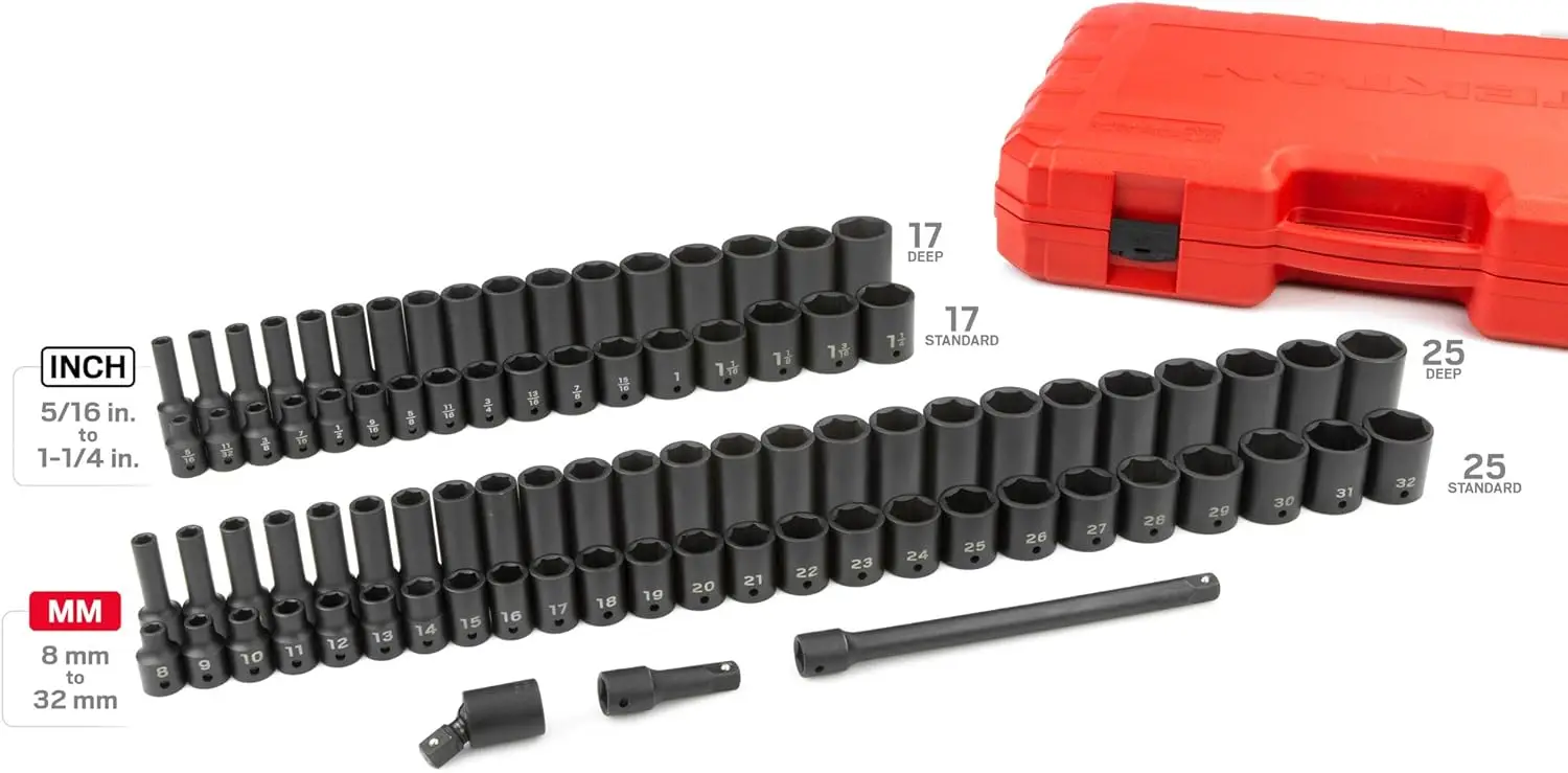 1/2 Inch Drive 6-Point Impact Socket Set, 87-Piece (5/16-1-1/4 In., 8-32 Mm) | Sid92407