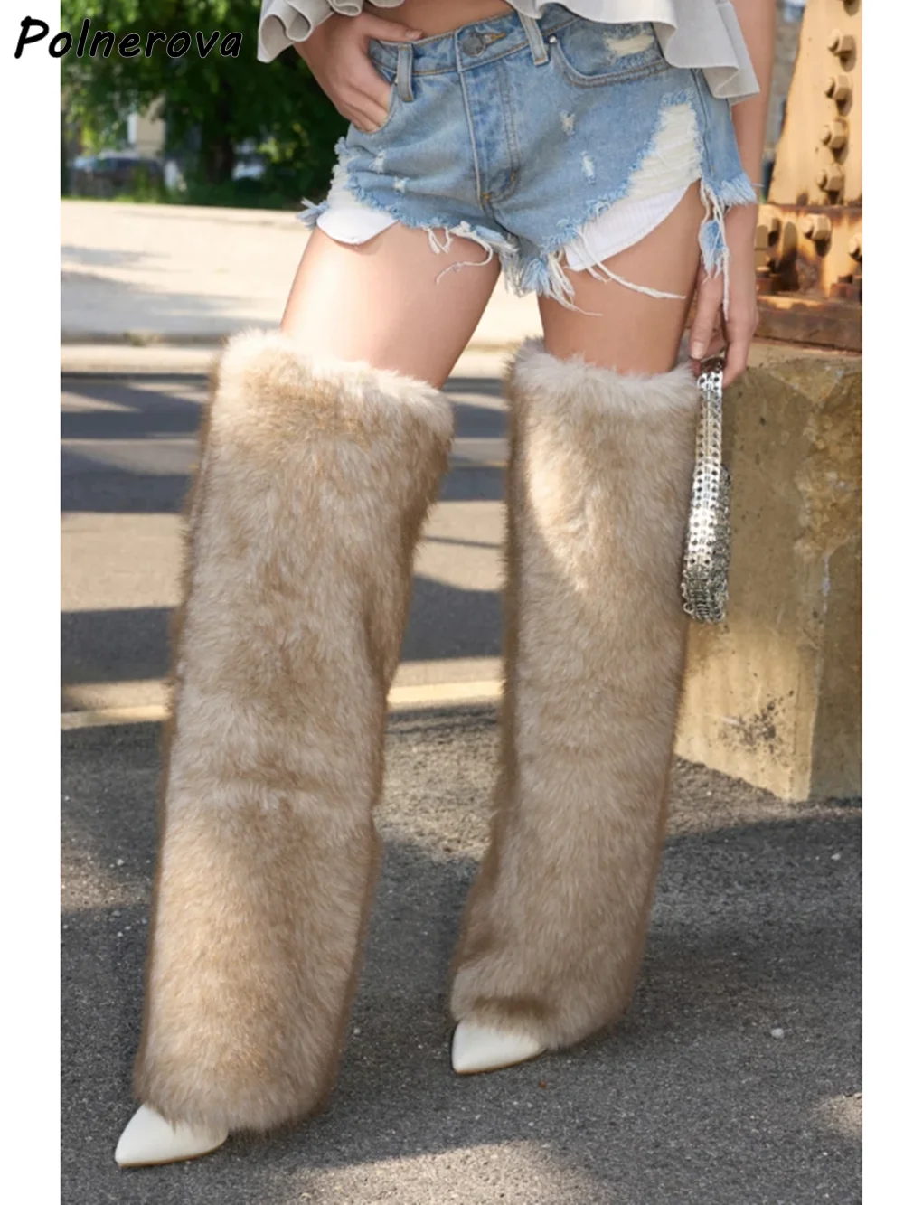 Furry Warm Thigh High Boots Pointy Toe Thin Heels Slip On Fashion Luxury Shoes Winter Sexy Women Concise Black Beige Boots 2025 - Image 2