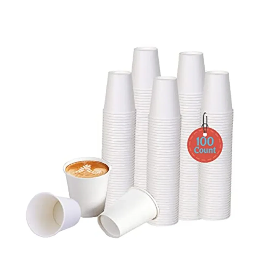 White Disposable Paper Coffee Cups 6 OZ, 100 Count For Hot Beverages, Tea, Espresso, Cocoa - To Go Drink Containers, Café and O
