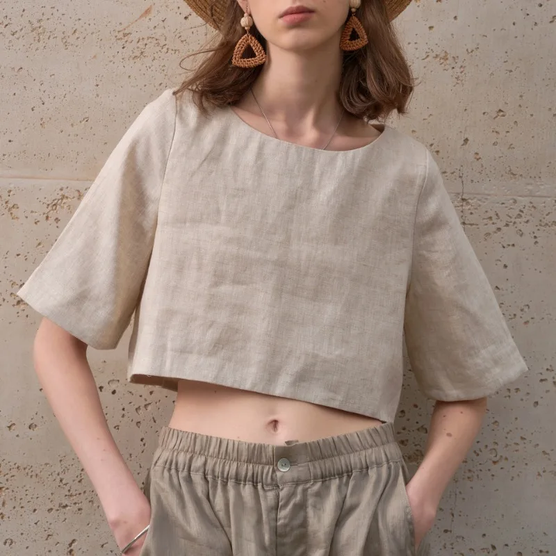 100% Linen Simple Casual Women's T-Shirt Summer New Loose Round Neck Half Sleeved Crop Top French Office Ladies Short Tops