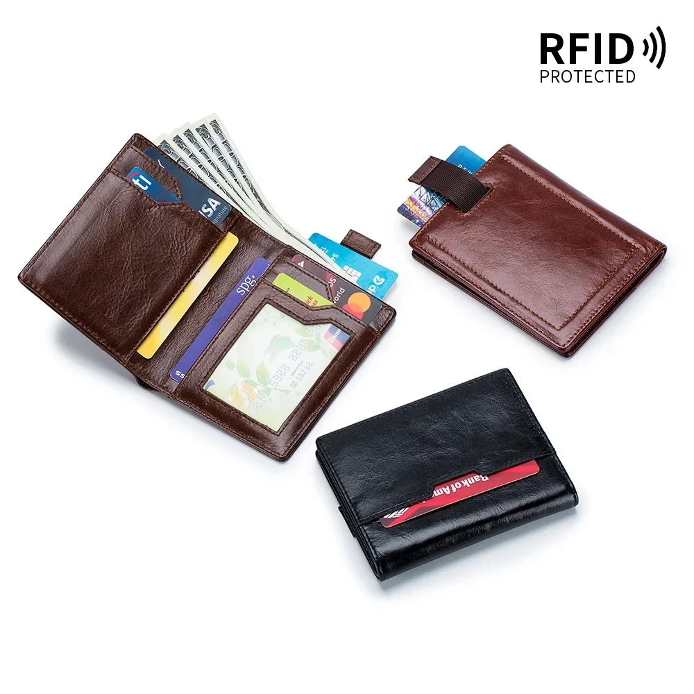 Vintage Top-grain Ultra-thin Short Wallet RFID Multiple Slots Pull-out Card Holder Genuine Leather Fashion Coin Pur