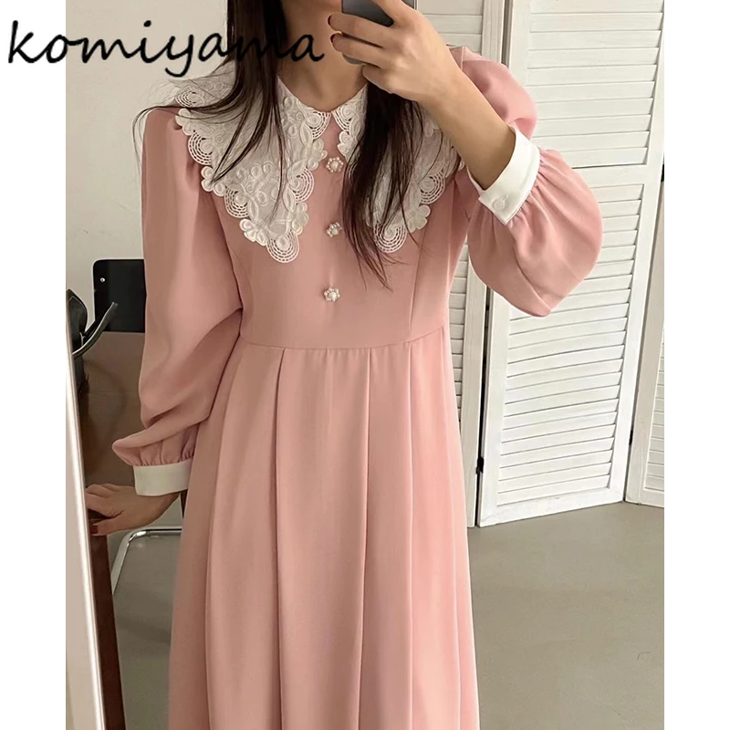 High Waist Pleated Vestidos Mujer Contrast Lapel Neck Vestido Spring Dress Puff Sleeve Ropa Korean Sweet Button Dresses Women