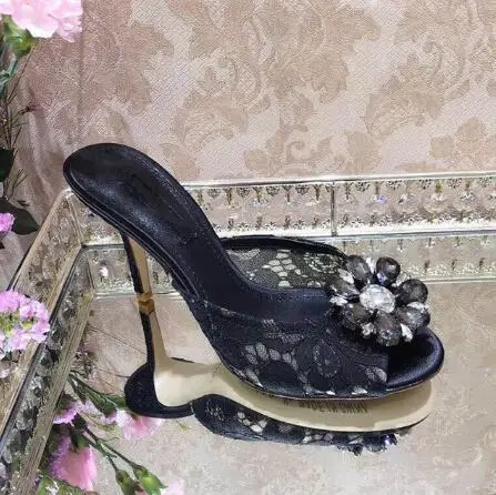 Summer Purple Blue Lace Floral Crystal Rhinestone Shallow Slippers Women Peep Toe 6 9 CM Thin High Heel Side Bride Wedding Shoes