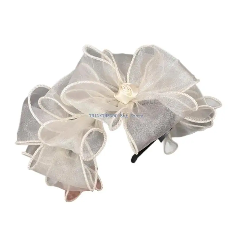 340D French Mesh Bowtie Hairhoop Female Hair Styling Ornament Elegant Party Headpiece