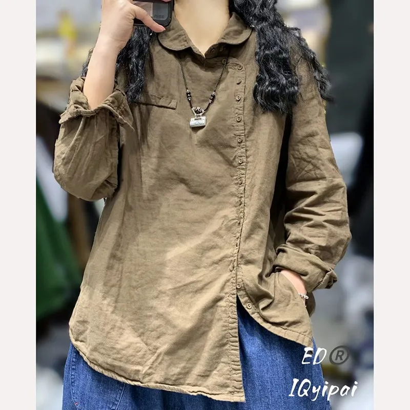 2023 Spring Autumn New Arts Style Women Long Sleeve Turn-down Collar Loose Shirt Single Breasted Cotton Linen Casual Blouse P33