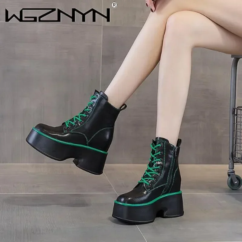11cm rotador couro genuíno feminino meados de bezerro botas da motocicleta plataforma wedeg rendas até deslizamento em 2026 primavera outono inverno sapatos confortáveis