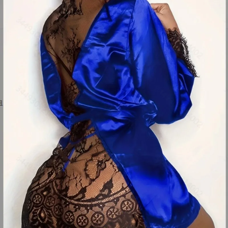 Sexy Silk-like Pajamas  Loose and Comfortable Robe  Casual and Thin Home Wear  Lace Pajamas  Loose Cardigan with Tie Bathrobe image 4