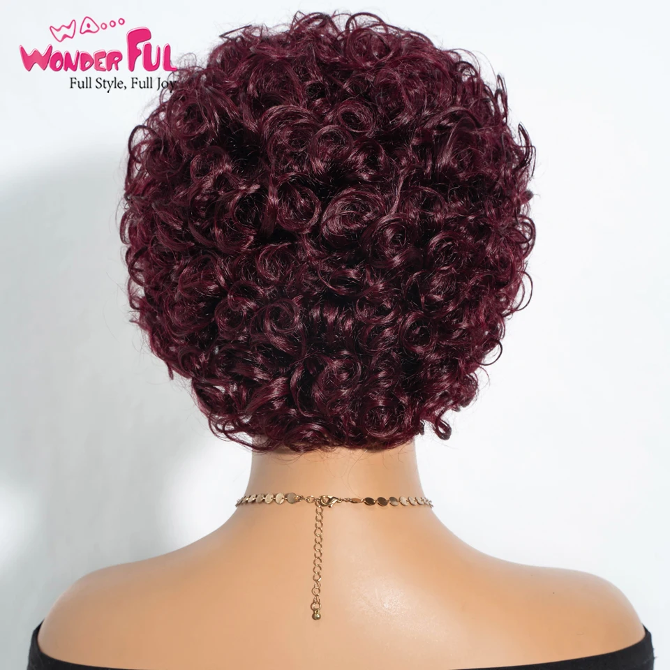 Burgendy Wig rambut manusia pendek Brasil Jerry Curl dengan poni 99J # keriting keriting 4 # dan 30 # alami 100% rambut manusia untuk WANITA HITAM