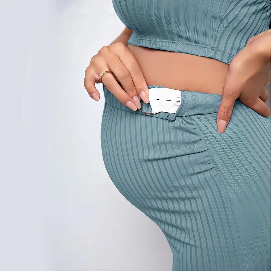مجموعات ملابس الأمومة الحمالات المضلعة المحبوكة مقترنة مع تنورة قلم رصاص حزام قابل للتعديل ومريحة للنساء الحوامل