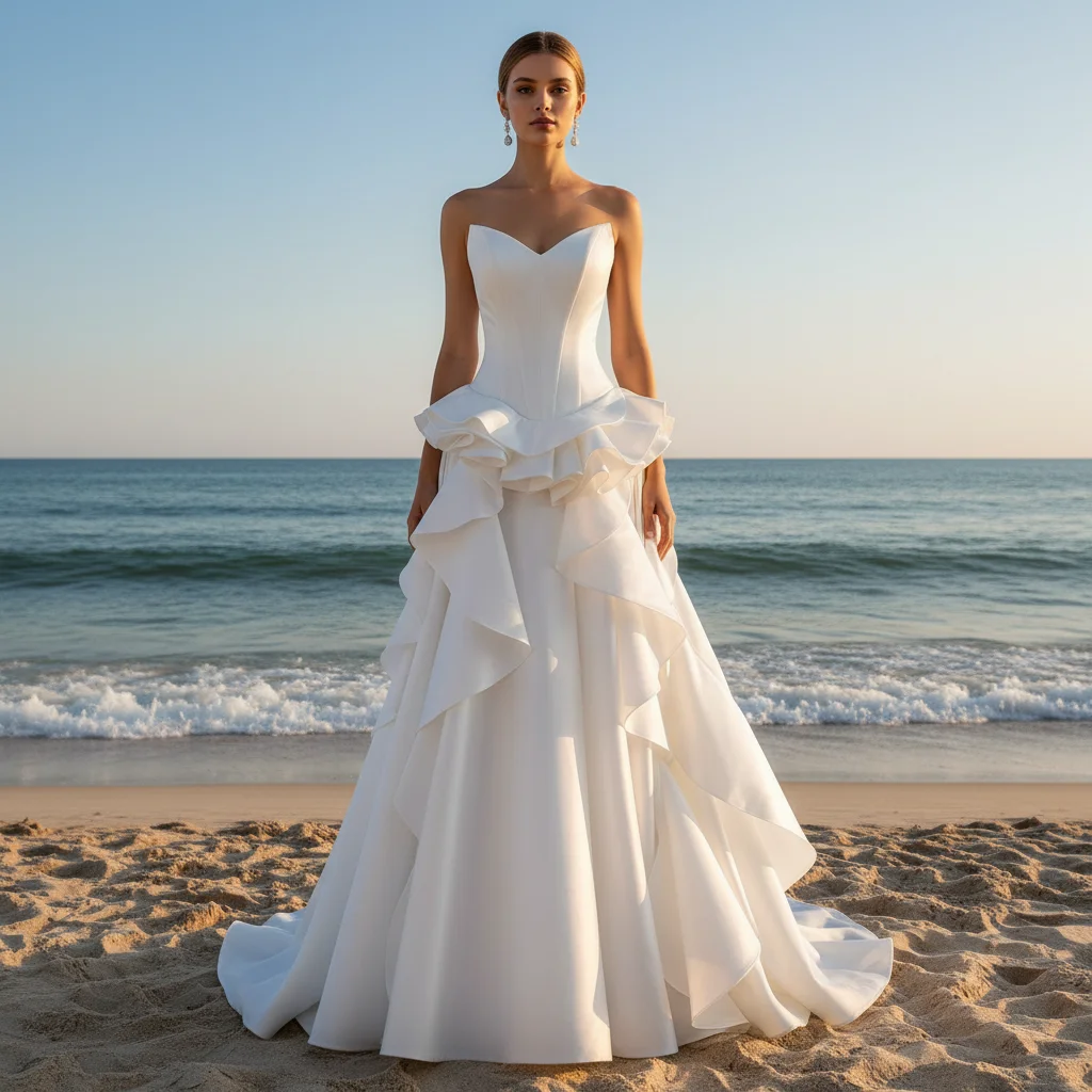 Rosymae V-neck Satin Wedding Dress Unique Rufled Skirt Bridal Gown for Elegant Bride brautkleid