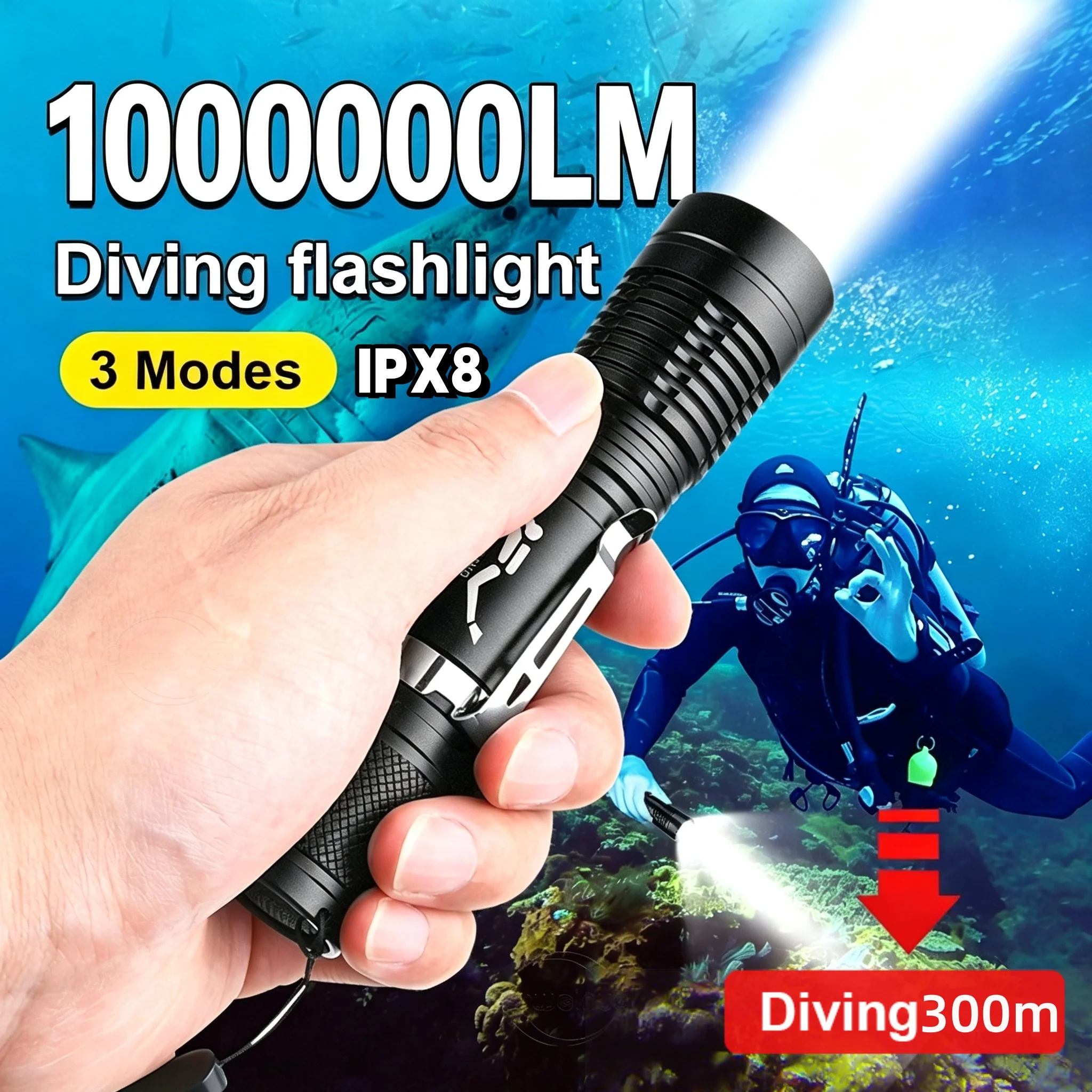 New LED Diving Flashlight 300M Highlight Professional Dive Torch Waterproof IPX8 Scuba Diving Flashlight Lantern Fishing Hunting
