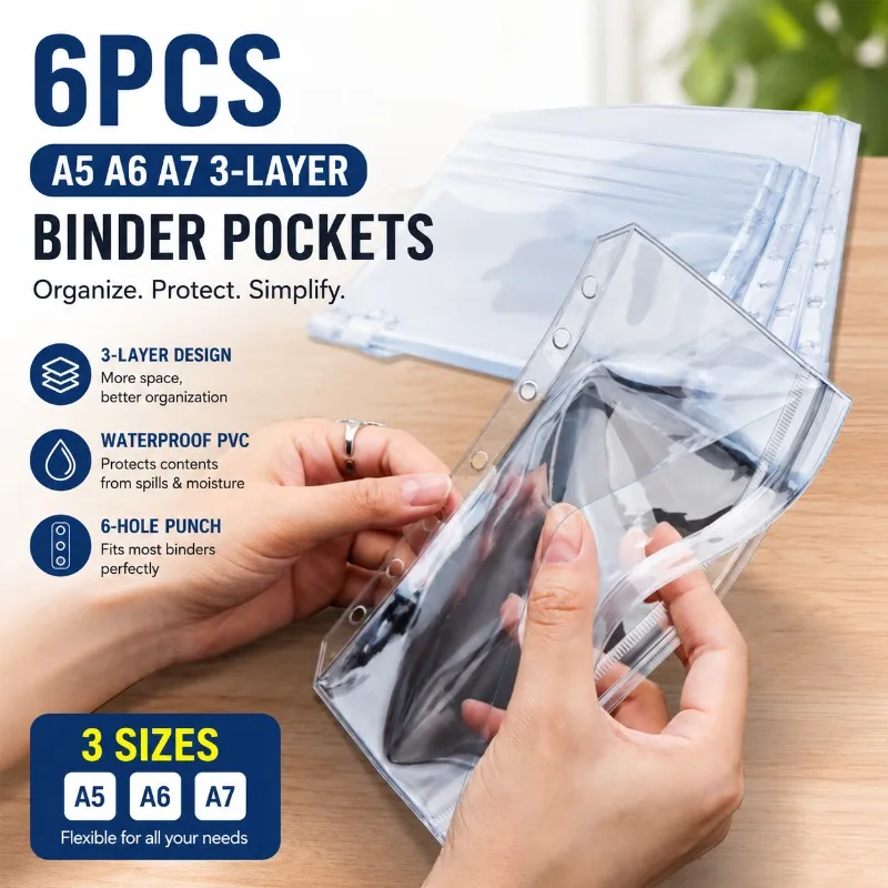 

Clear PVC Loose Leaf Pouch Compatible with A5 A6 A7 Ring Binders Flat Pull Design for Easy Access Durable Plastic Material
