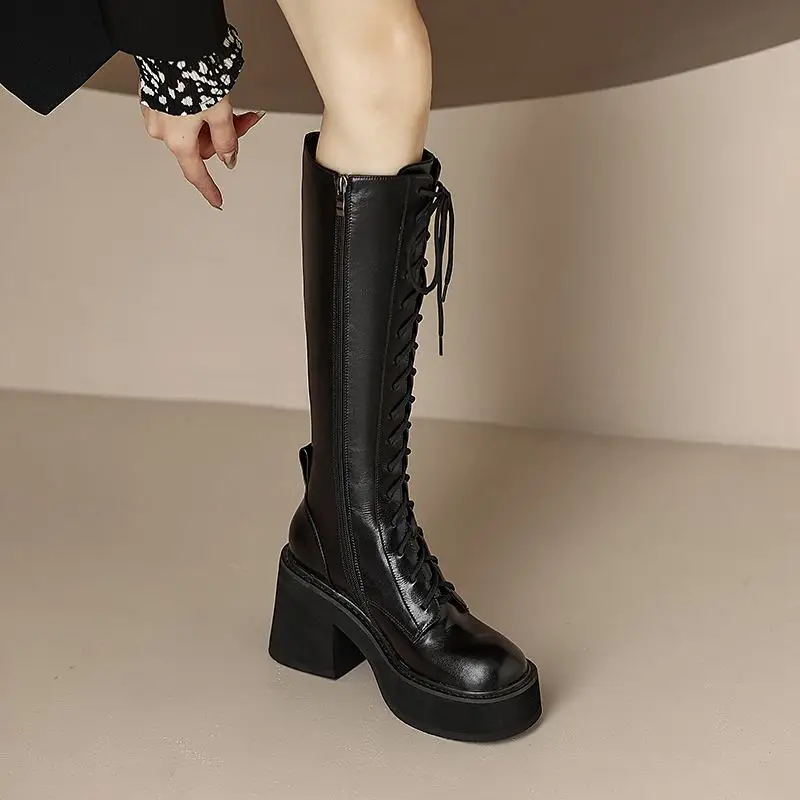 Krazing Pot Cow Split Leather Round Toe Super Thick High Heels Motorcycles Boots Waterproof Cross-tied Popular Thigh High Boots