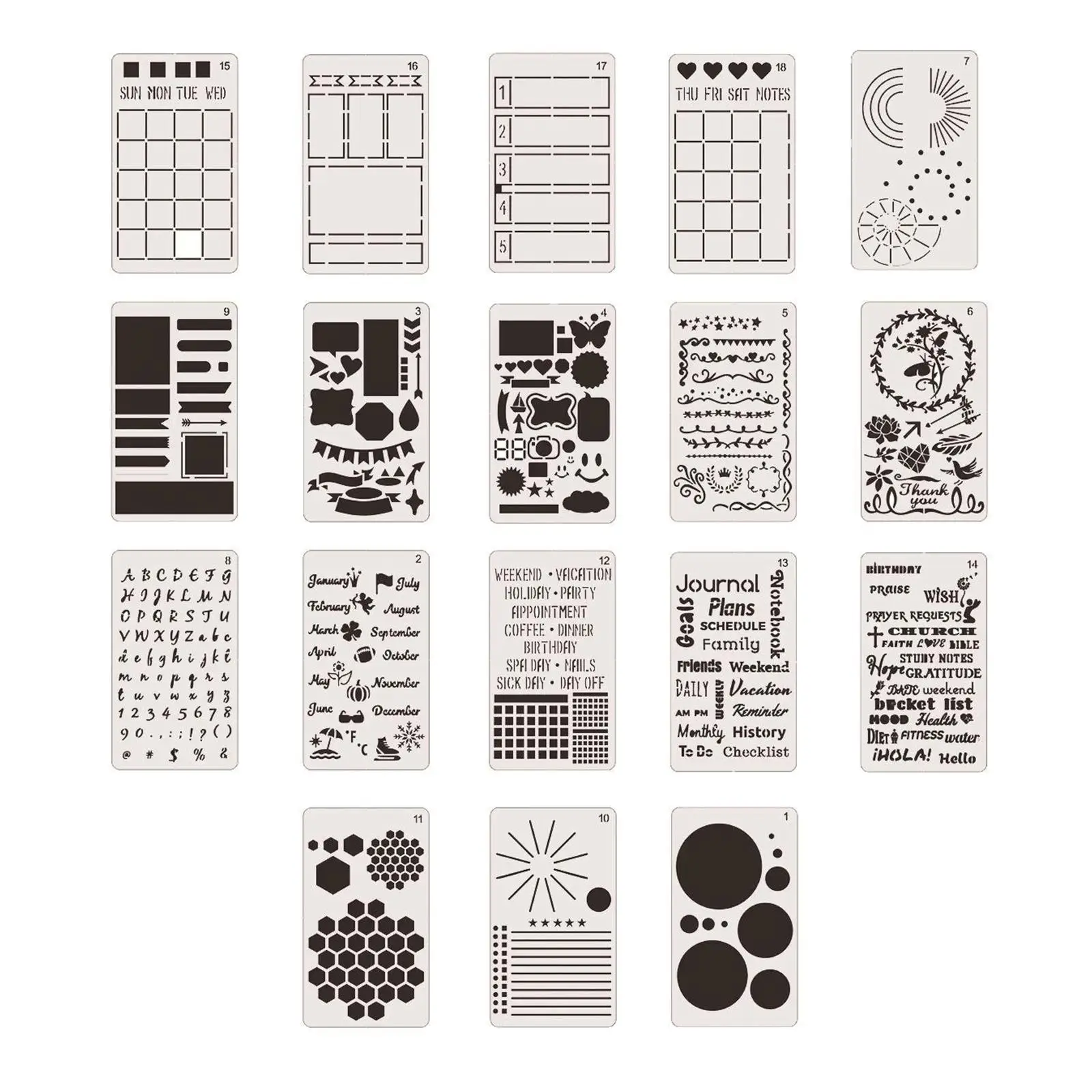 18 PCS Journal Stencil Plastic Planner Set for Journal Notebook Diary Scrapbook DIY Drawing Template Journal Stencils 4x7 Inch