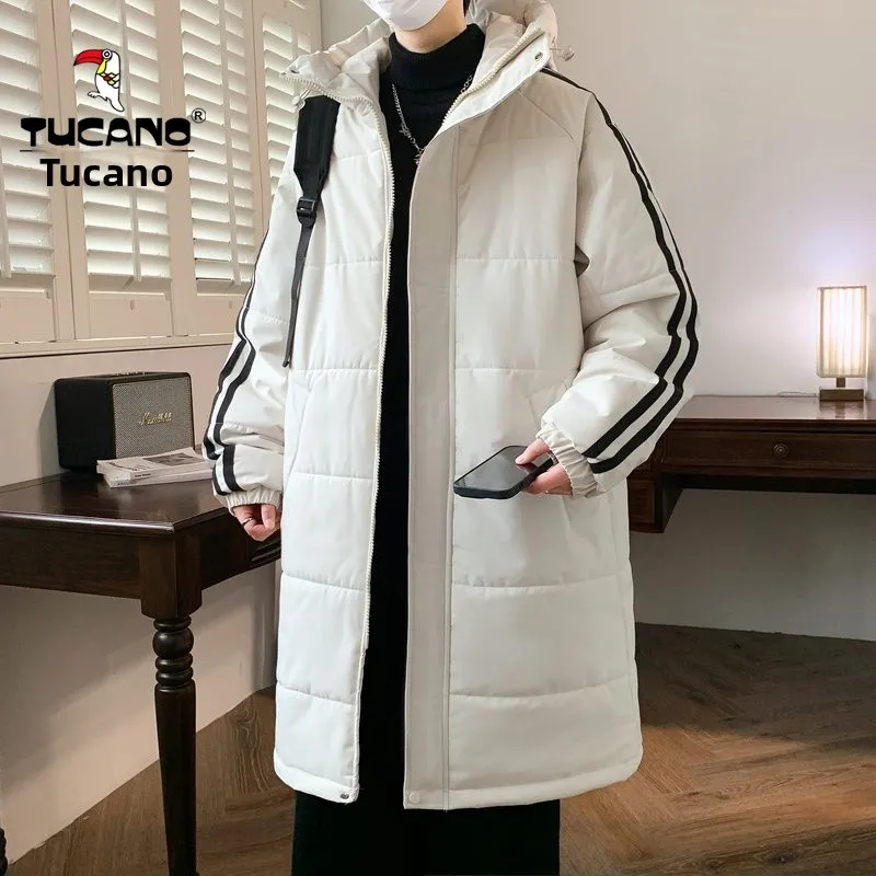 

Thiened Warmth Cotton Jaet Youthful Striped Mid-Length Hooded Coat for Couples Winter Outerwear for Teens And Adults