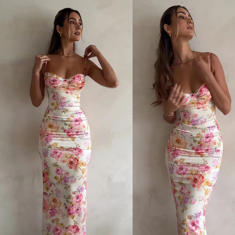 Nowa kwiatowa sukienka z rozcięciem bez rękawów Patry Beach Style Spaghetti Strap Dress Women Clothes Mini Dress 2024 Summer