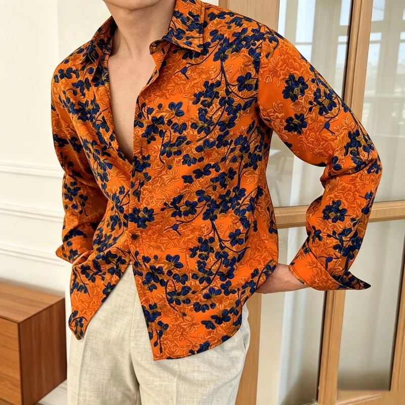 Stylish Men's Vintage Flower Pattern Satin Shirt, Long Sleeve Button Up Blouse for Party