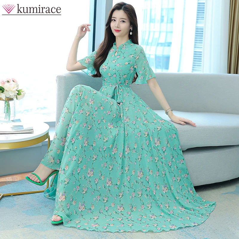 New 2024 Summer New Korean Large Dress Elegant Women\'s Color Printed Short Sleeve Large Skirt Holiday Banquet Chiffon Robe