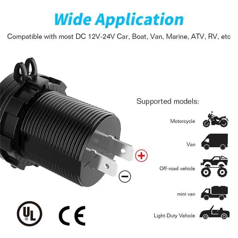 MICTUNING QC3.0 Fast Dual USB Car Charger พร้อมจอแสดงผลแรงดันไฟฟ้า LED และสวิตช์, 12 V/24 V สําหรับรถยนต์, เรือ, รถจักรยานยนต์