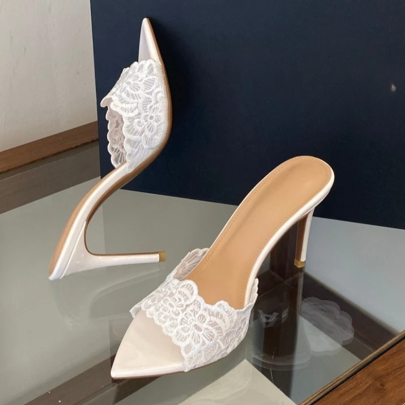 

Fashion Women White Lace Pointed Toe Stiletto Mules Slip On Bridal Party Sandals 9CM
