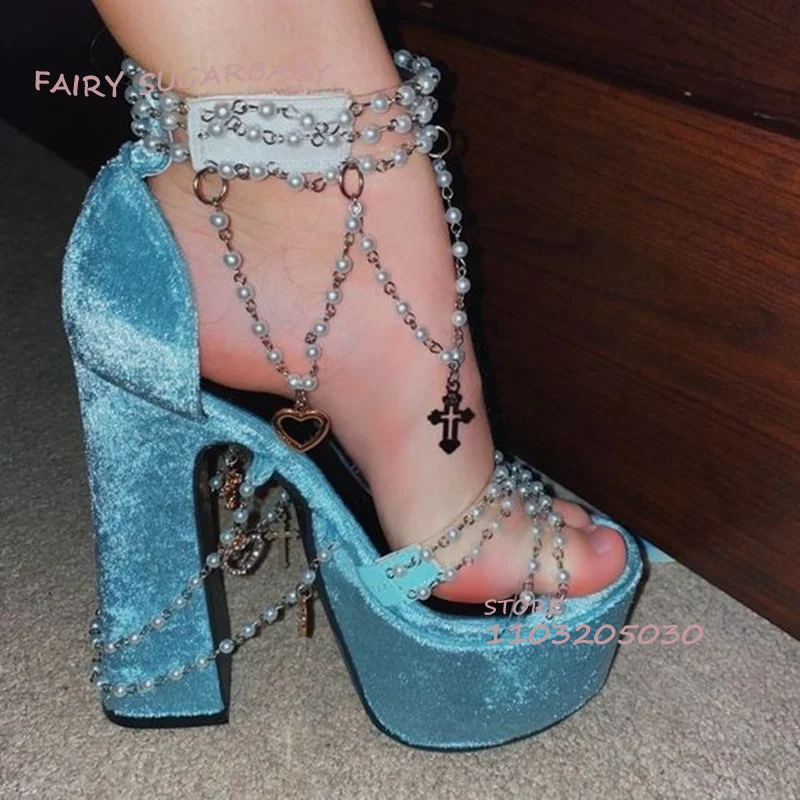 Lake Blue Suede Tassel Crystal Heels Girl Open Platform Pink Pvc Buckle Light Fringe Buckle String Pearls Shiny Dress Party Shoe