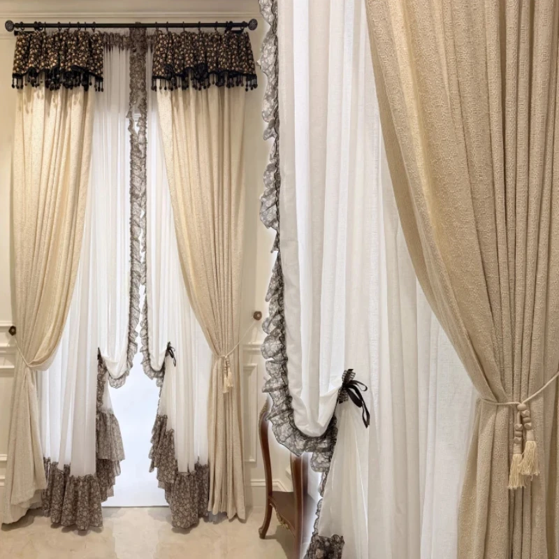 Retro Countryside Cotton Linen Rice Apricot Floral Gauze Curtain Splicing Curtains for Bedroom and Living Room Customized