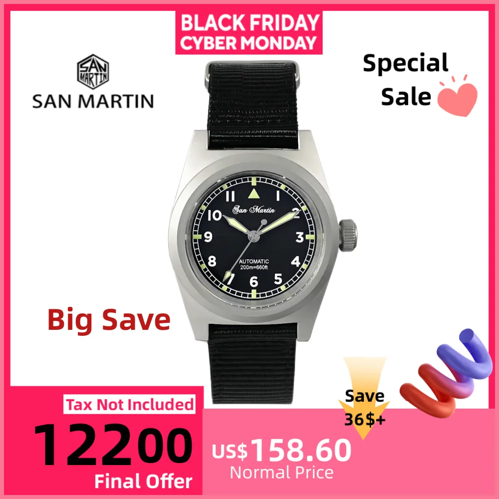 

San Martin Pilot 38 мм военные часы YN55 простые мужские автоматические механические часы водонепроницаемые 200 м люм нейлоновый ремешок SN0029GA-2