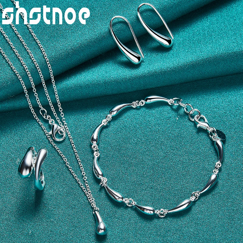 

4pcs 925 Sterling Silver Woman Water Drop Raindrop Earrings Ring Chain Necklace Bracelet Jewelry Sets Lady Birthday Wedding Gift