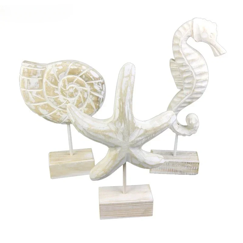 Mediterranean Style Wood Carving Starfish Conch Hippocampus Decorative Accessories for Home Living Room Marine Themed Craft