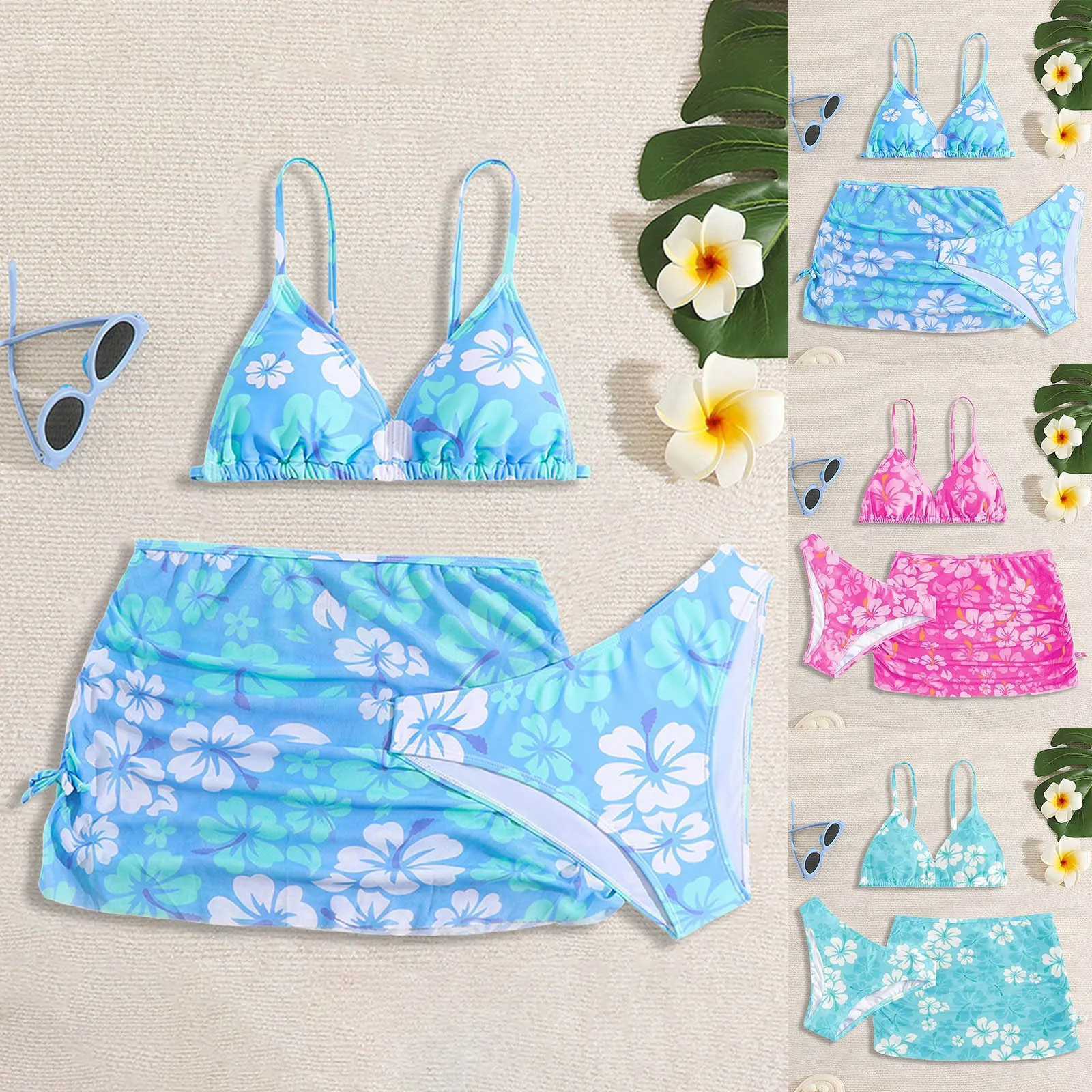 

Swimsuits For Children'S Fashion Classic Flower Printed Bikinis Sets Holiday Beach Swimsuit Three Piece Set For Infant Girls