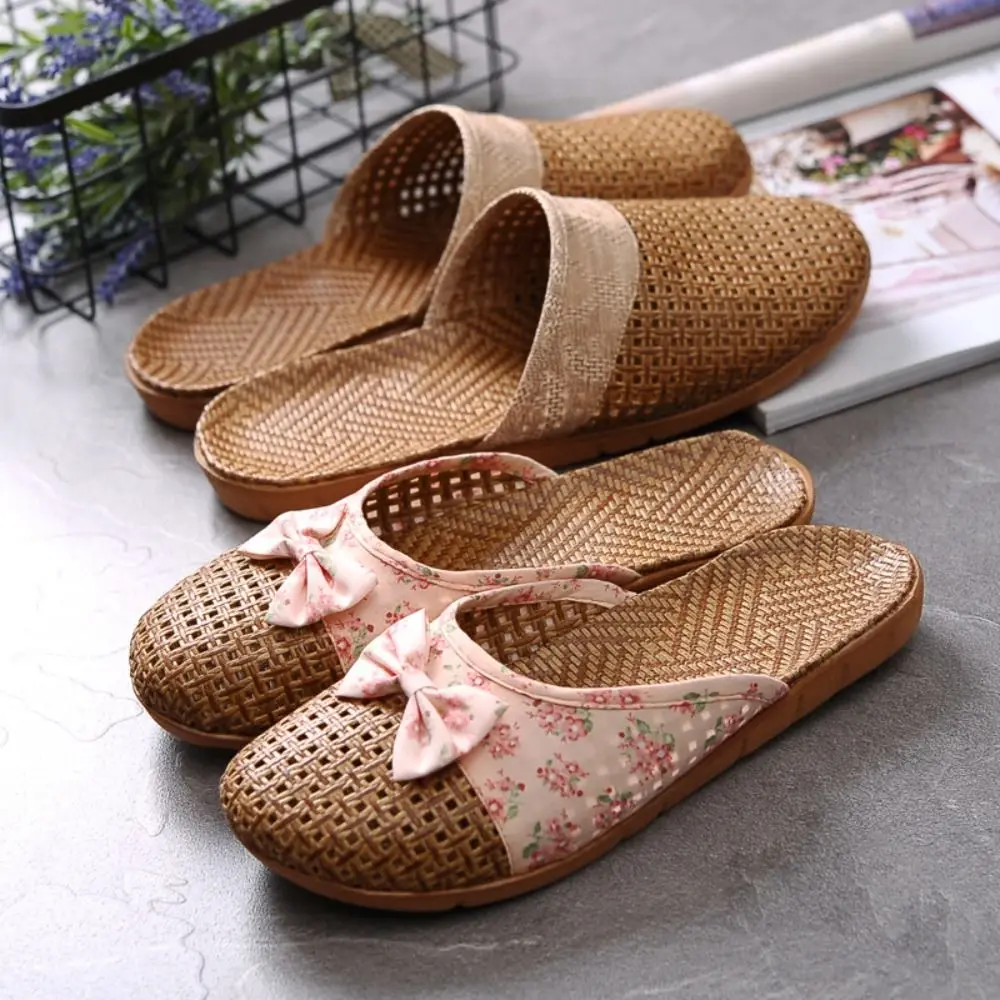 Sweat Absorption Bowknot Flax Linen Slippers Hollow Out Low-cut Closed-toe Sandals Home Shoes Babouche Slippers Women Summer