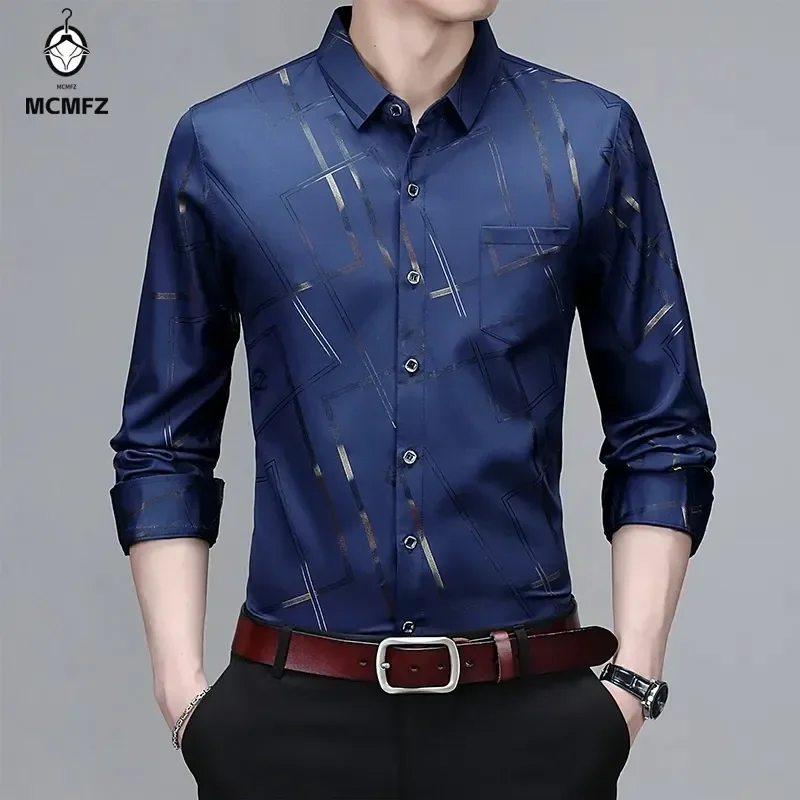 Męska swobodna i modna koszula z długim rękawem i nadrukiem, nie prasowana i odporna na zmarszczki top biznesowy