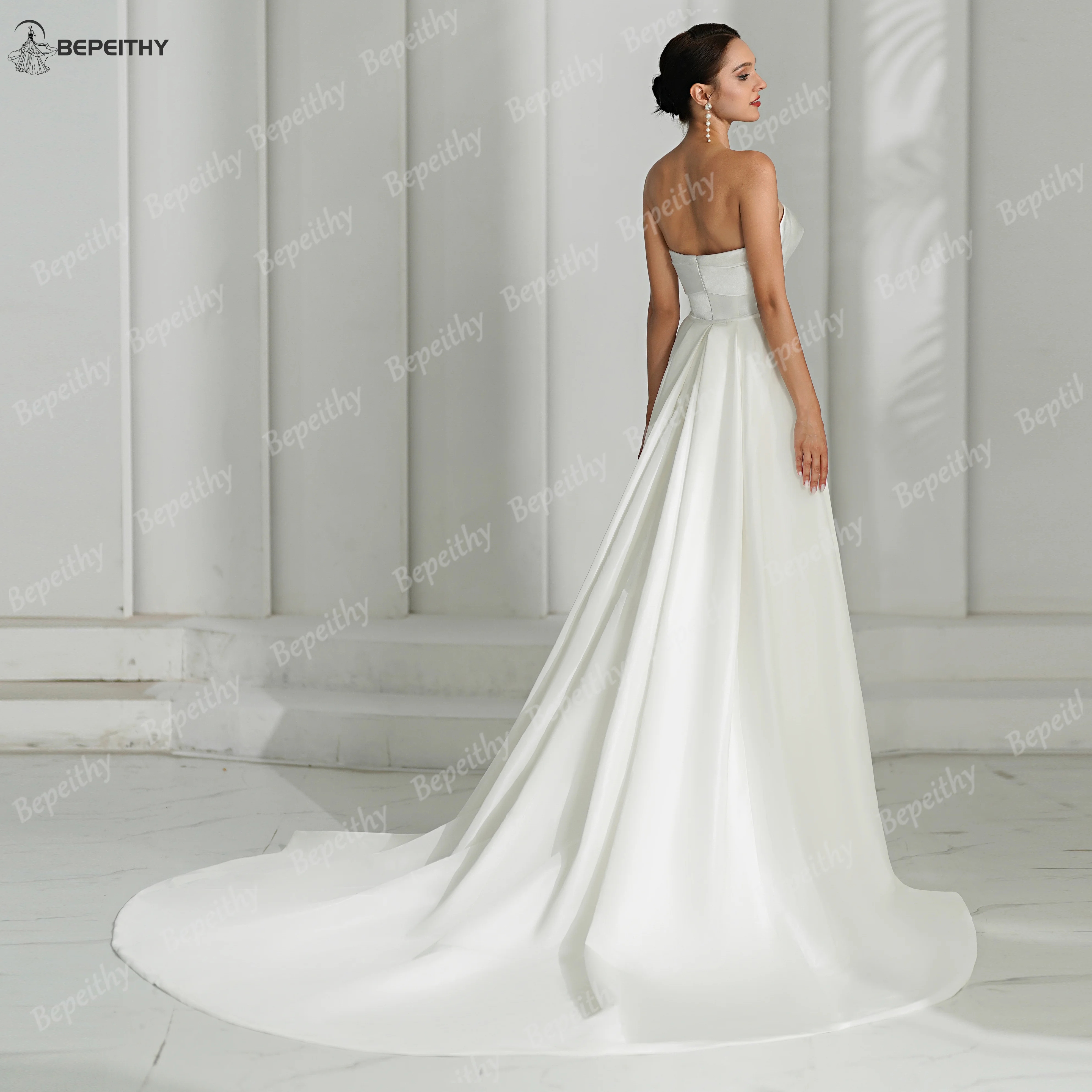 BEPEITHY Customized Mermaid Ivory Satin Wedding Dresses For Women 2024 Spring Simple Bride Strapless Bridal Gown With Train