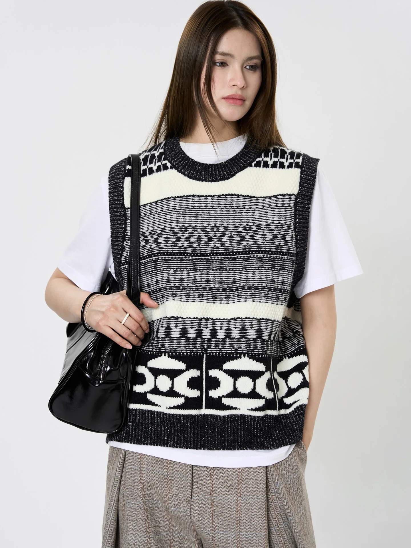 Primavera e outono feminino casual padrão geométrico em torno do pescoço solto colete de malha