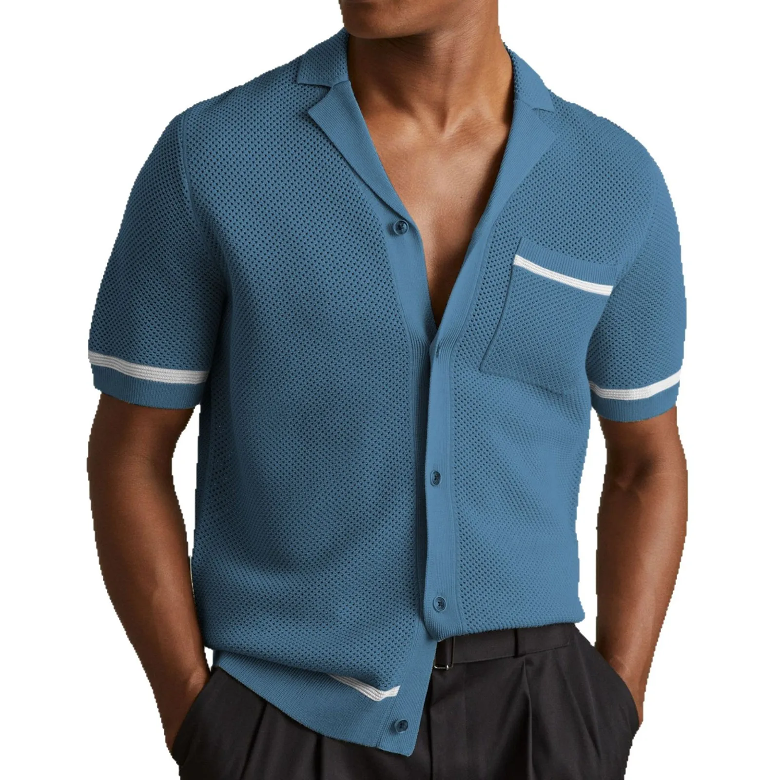 Men's European and American sexy hollowed out men's luxury fashion knitwear top, summer Cuban collar short sleeved polo shirt