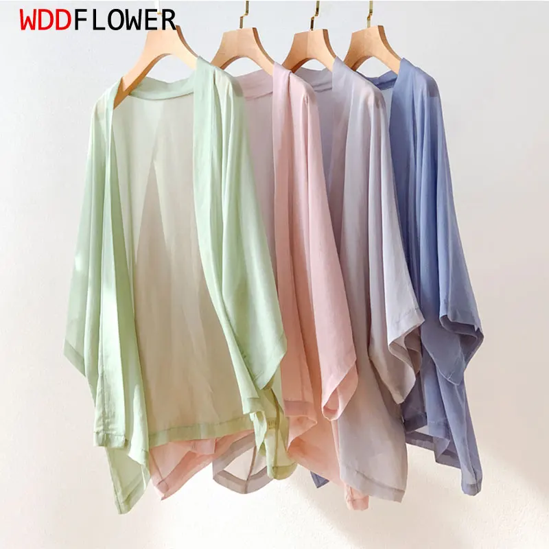 Kobiety jedwabny sweter 100% naturalny jedwab cienki luźny, typu niebieski krem do opalania Kimono płaszcz szal bluzka koszula lato okrycie plażowe MM817