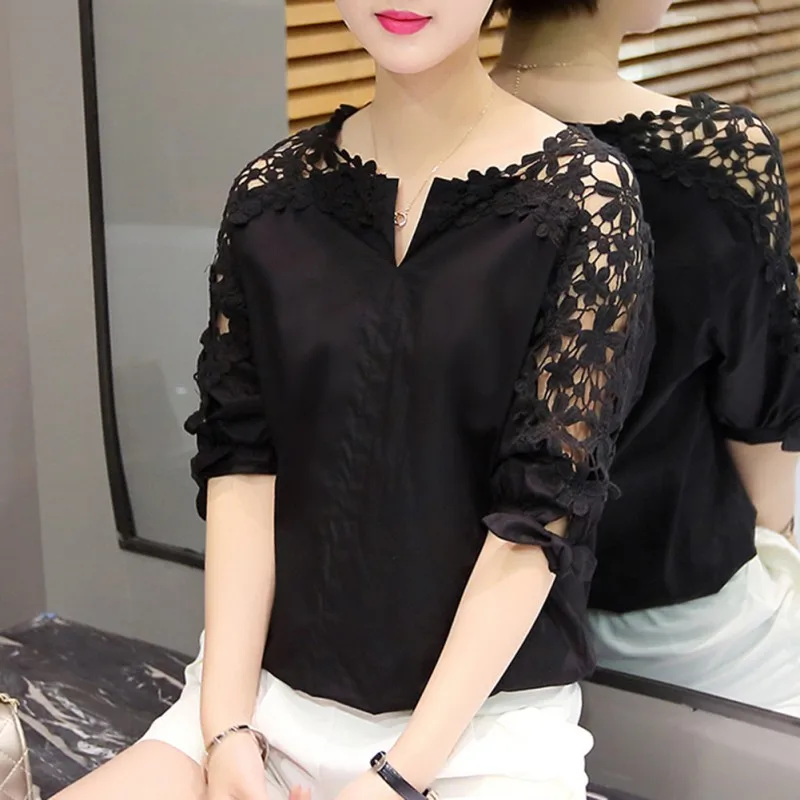 Summer Women Solid Hollow Out Blouse Top Fashion Casual Cotton Half Sleeve V-neck Shirts Big Size