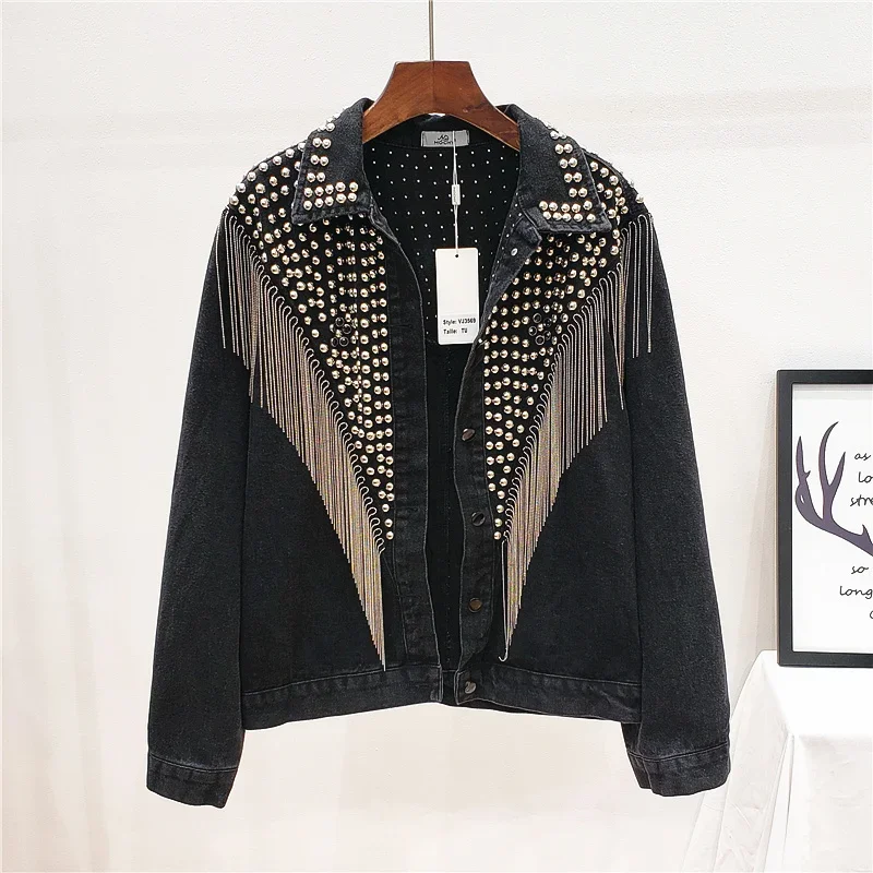 Rivet Tassel Denim Jackets Women Korean Fashion Loose Long Sleeve Short Outerwear Black Blue Jeans Jacket Coat Female Streetwear