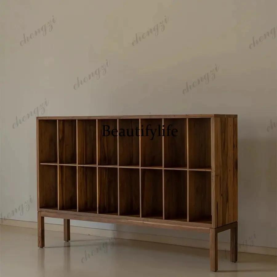 Floor-to-ceiling partition shelf, storage rack, antique solid wood double-layer against the wall, display rack