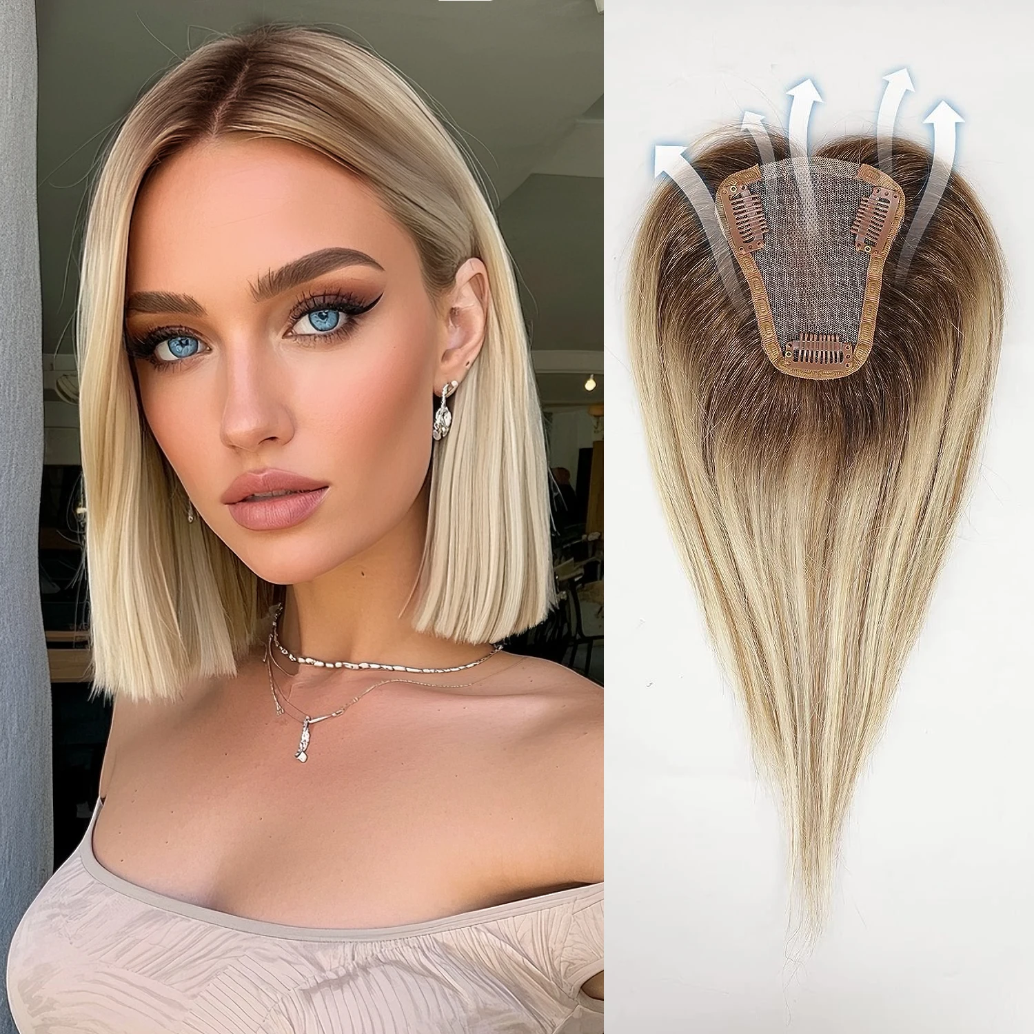 

Топперы для волос Блондинка Коричневый 100% человеческие волосы Remy Средняя часть Топпер Шиньоны для женщин 150% Плотность Шелковая основа 3Зажимы в топперы