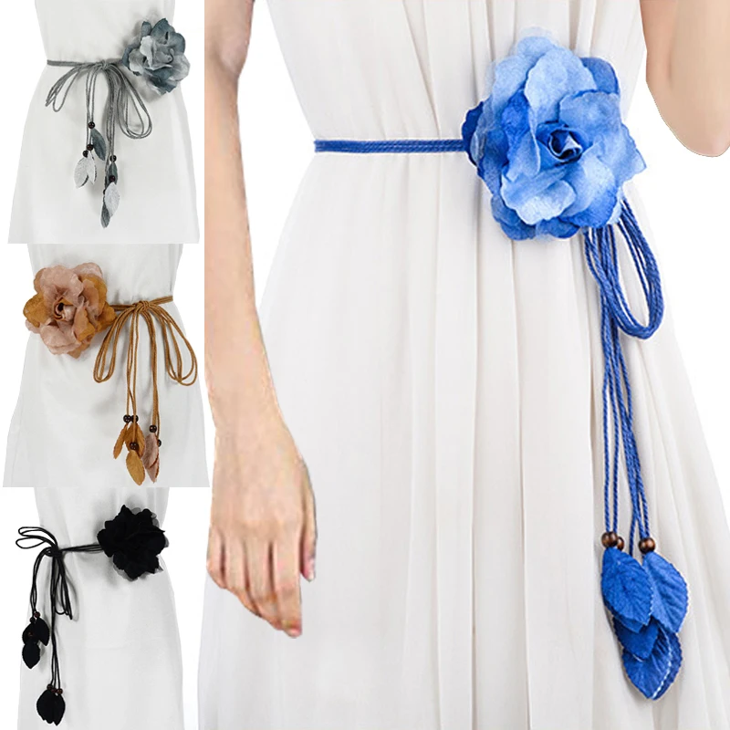 

Women Decorative Tassel Leaves Dress Belt String Knot Chiffon Flower Ladies Thin Waist Belt Black Brown