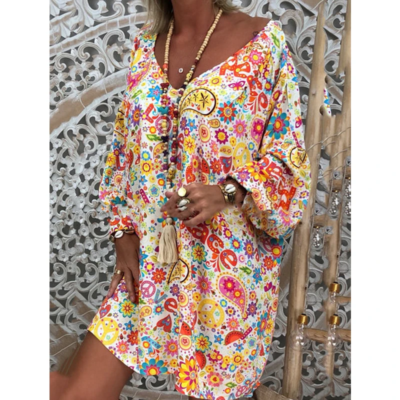 

Spring Autumn Women's Loose V-Neck Long Sleeve Printed Dress