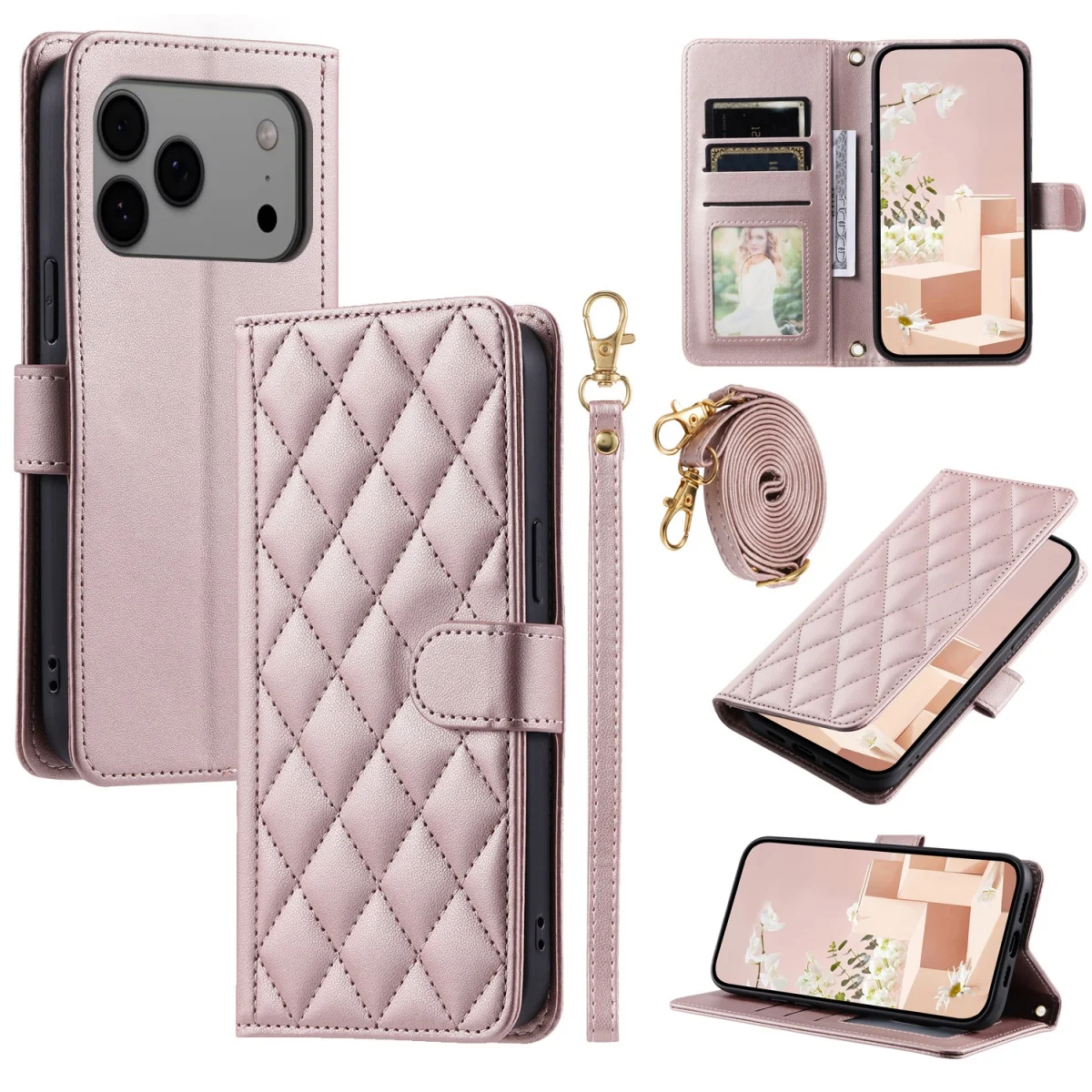 Umhängetasche mit Handgelenkschlaufe, Kartenhalter-Hülle für iPhone 17E 16E 18 17 14 13 12 11 Pro Max 16 15 Plus, Flip-Leder-Handyhülle