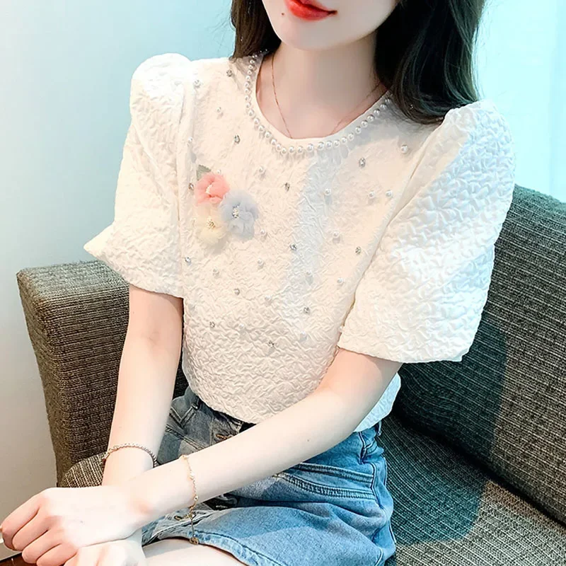 New Fashion Sweet Office Women\'s Shirts Casual Summer Short Sleeve Women Blouses with Beading Elegant Floral Woman Tops 1036