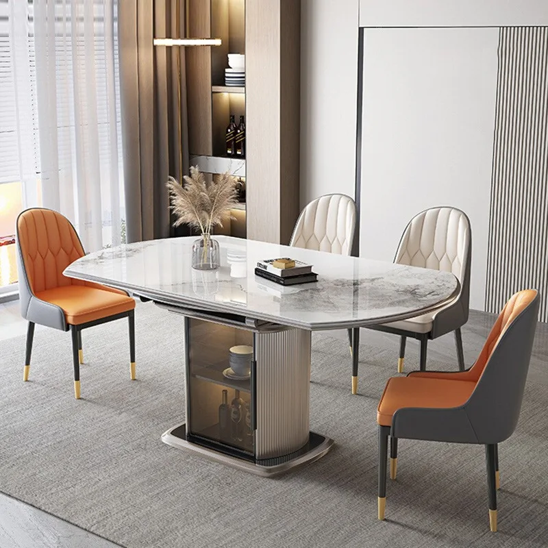 Slate dining table household folding variable round dining table retractable solid wood storage dining table small apartment spe