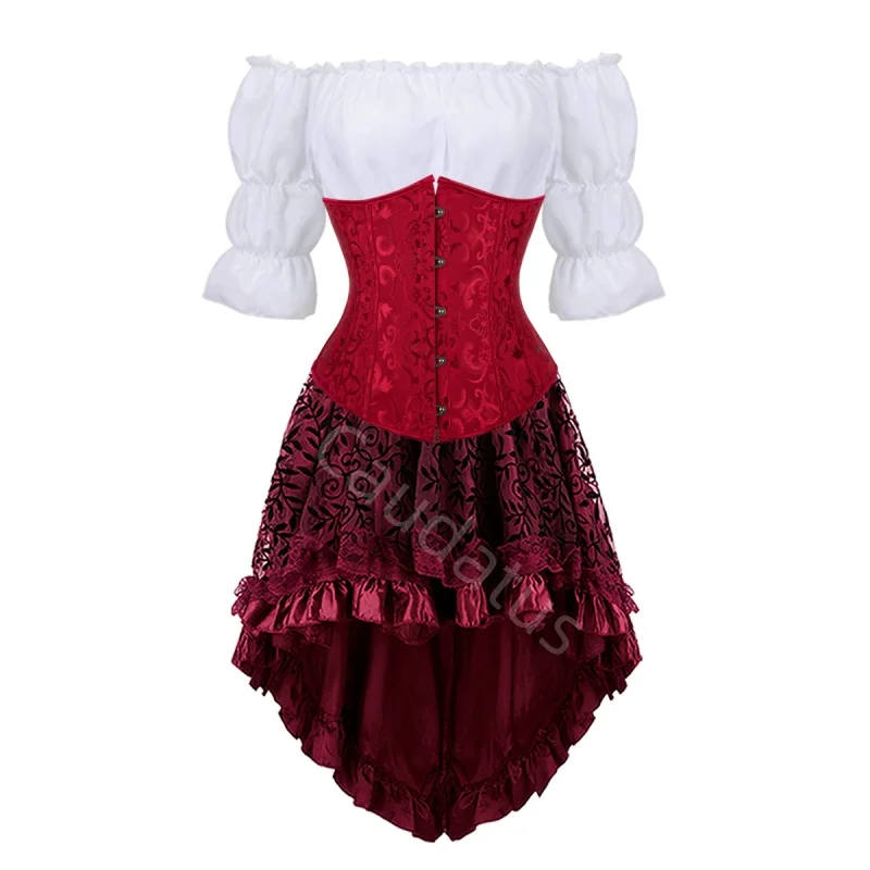 

Корсетный комплект из 3 предметов: платье, юбка, топ. Бурлескный корсет-бюстье, нижнее белье. Черный корсет, викторианский костюм, большие размеры, красный, синий.